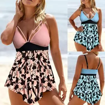 Женский купальник из двух предметов с цветочным принтом, комплект танкини, 2023, сексуальный купальник, большой размер, комплект бикини, монокини, летний купальник, пляжная одежда 1XL розовый