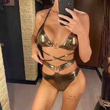 Женский купальник из искусственной кожи с бретельками через шею, бикини с высокой талией, женский купальник, комплект из двух частей, купальный костюм для плавания S золотистый