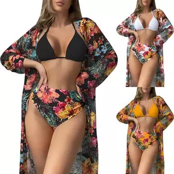 Женский купальник из трех частей, блузка с мягкой подкладкой, двухсекционный купальник с открытой спиной, майка с трусиками, облегающий купальник с принтом XXXL чёрный