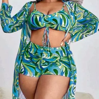 Женский купальник из трех частей, бюстгальтер с принтом, боксеры с высокой талией, свободная длинная блузка XXL