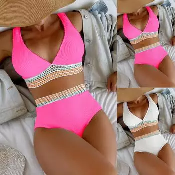 Женский купальник контрастного цвета, купальник с высокой талией и раздельными слингами, комплект из двух предметов M горячий розовый