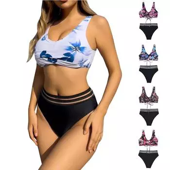 Женский купальник контрастного цвета с принтом, сексуальный купальник бикини с высокой талией и завязками L чёрный