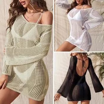 Женский купальник крючком накидка с длинным рукавом прозрачный трикотажный пляжный купальник женский сексуальный ажурный топ-туника с открытой спиной для летнего отпуска S белый