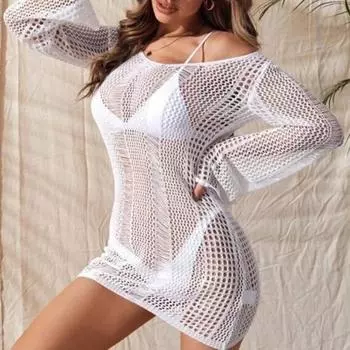 Женский купальник крючком накидка с длинным рукавом прозрачный трикотажный пляжный купальник женский сексуальный полый S чёрный