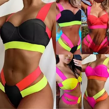 Женский купальник, лоскутное бандажное бикини на жестких косточках, сексуальный купальник с разрезом M чёрный