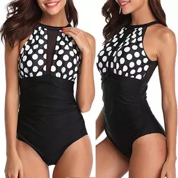 Женский купальник-монокини с цветочным принтом и сетчатыми рюшами S чёрный