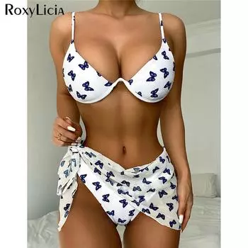 Женский купальник на косточках с бабочкой и V-образным вырезом, женский купальник, комплект из трех частей, комплект бикини, саронг, купальный костюм, купальный костюм S чёрный