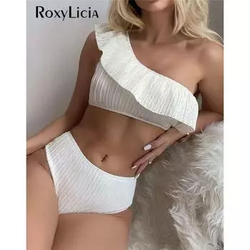 Женский купальник на одно плечо с оборками, бикини с высокой талией, женский купальник из двух частей, комплект бикини, купальный костюм, купальный костюм для леди S белый