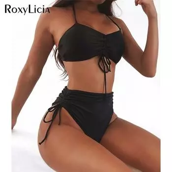 Женский купальник на шнуровке с бретелькой на шее и подкладкой, бикини с высокой талией, женский купальник из двух частей, комплект бикини, купальный костюм, купальный костюм для леди S чёрный