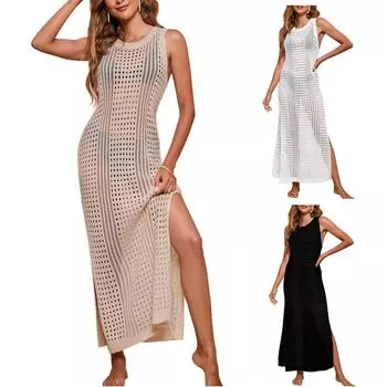 Женский купальник, накидка на бикини, пляжная юбка без рукавов, вязаная крючком, ажурная накидка для морского путешествия, накидка L бежевый