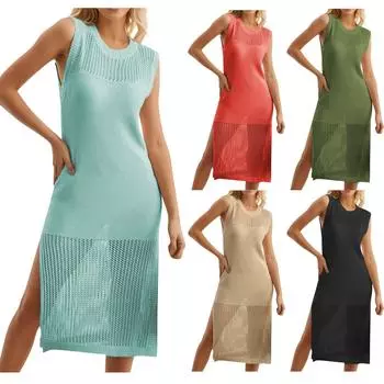 Женский купальник, накидка, вязаные крючком платья, длинное платье без рукавов с круглым вырезом, пляжное платье миди с разрезом по бокам L армия зеленый