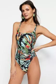 Женский купальник нового сезона с абстрактным рисунком и квадратным воротником, купальник с высокими штанинами