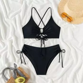 Женский купальник, новый купальник-бикини со шнуровкой, сплошной купальник-бикини на бретельках, сексуальные стринги, летняя пляжная одежда, купальный костюм для женщин, двухсекционный S чёрный