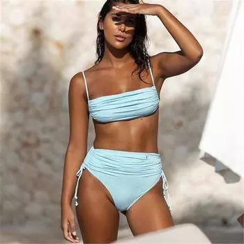 Женский купальник, однотонный плиссированный комплект бикини с завязками на спине, сексуальные стринги с высокой талией, бразильская пляжная одежда, купальные костюмы S светло-синий