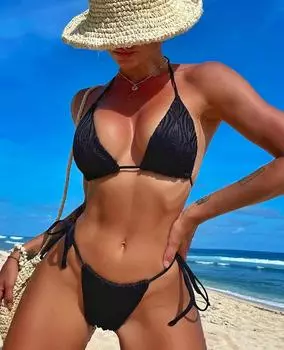 Женский купальник, однотонный сексуальный кружевной купальник с лямкой на шее, стринги с завязками сбоку, бикини, бразильская пляжная одежда, купальные костюмы S чёрный