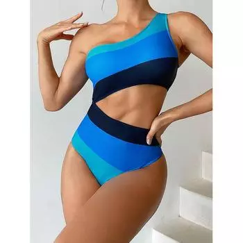 Женский купальник, пляжная одежда, цельный купальник пуш-ап с покатыми плечами, бикини, купальный костюм, летняя пляжная одежда S синий