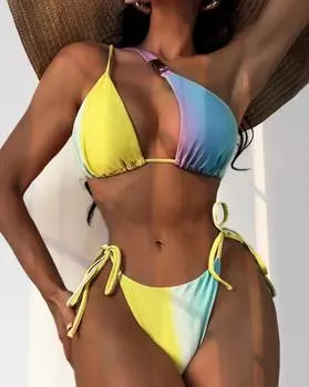 Женский купальник Радужный разноцветный треугольная сумка через плечо с завязками на спине, сексуальный комплект бикини с высокой талией, пляжная одежда, купальные костюмы S жёлтый