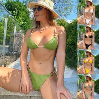 Женский купальник, раздельный однотонный купальник на шнуровке с треугольной чашкой, сексуальный купальник бикини S зелёный
