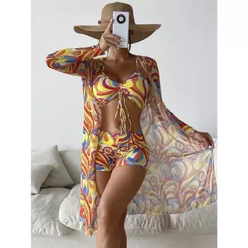 Женский купальник раздельный трехпредметный с высокой талией и длинным рукавом, сексуальное бикини XL