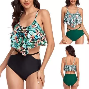 Женский купальник, разделенный купальник, купальник с рюшами на подтяжках, купальник с высокой талией и нижней частью S чёрный