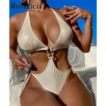 Женский купальник с блестками и лямкой на шее, цельный купальник, женский монокини с высоким вырезом, купальный костюм, купальный костюм для леди S белый