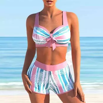 Женский купальник с бретельками, граффити, розовые листья, принт, бикини, купальник-танкини S розовый