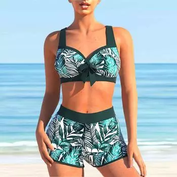 Женский купальник с бретельками, граффити, зеленые листья, принт, бикини, купальник-танкини S розовый