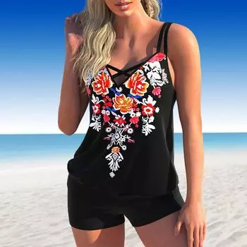 Женский купальник с бретельками и цветочным принтом, бикини, купальник-танкини S чёрный