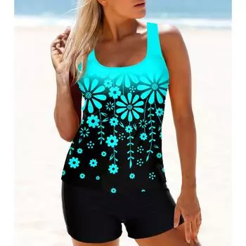 Женский купальник с бретельками и ожерельем с цветочным принтом, бикини, купальник-танкини S синий