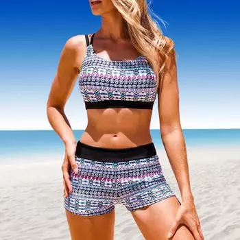 Женский купальник с бретельками и принтом Бикини Купальник-танкини Спортивные купальники S синий