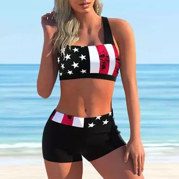 Женский купальник с бретельками, камуфляжный принт со звездами, бикини, купальник-танкини S белый