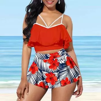 Женский купальник с бретельками, красный персонализированный купальник с принтом листьев лотоса, бикини, купальник-танкини S красный