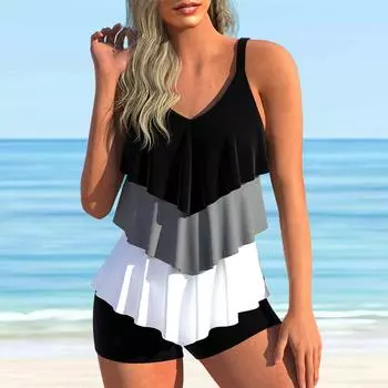 Женский купальник с бретельками Разноцветные листья лотоса с принтом Бикини Купальник-танкини S розовый