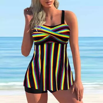 Женский купальник с бретельками, разноцветный купальник в радужную полоску с принтом, бикини, купальник-танкини S разноцветный
