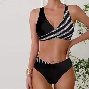 Женский купальник с бретельками, серебристый купальник-бикини с перекладиной и танкини S чёрный
