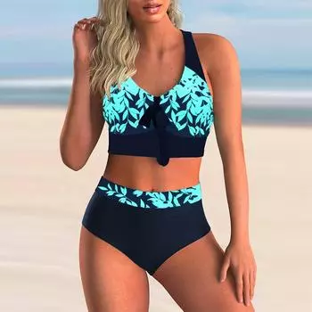 Женский купальник с бретельками, синий купальник-бикини с фрагментарным цветочным принтом, купальник-танкини S синий
