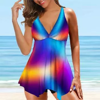 Женский купальник с бретельками, смешанный цветной принт, бикини, короткий топ на бретелях, купальник S фиолетовый