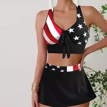 Женский купальник с бретелями, белые звезды, бикини с принтом, купальник-танкини S чёрный