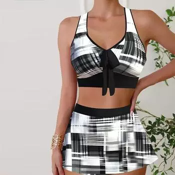 Женский купальник с бретелями Черно-белые квадраты с принтом Бикини Купальник-танкини S чёрный