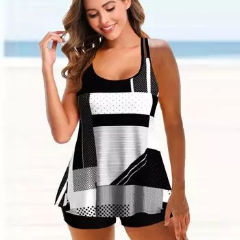 Женский купальник с бретелями, черно-белый купальник с комбинированным принтом, бикини, танкини S чёрный