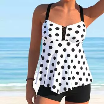 Женский купальник с бретелями, черный бикини с круглым принтом, купальник-танкини S белый