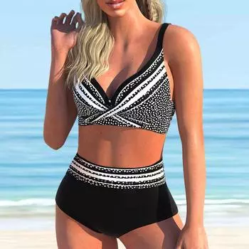 Женский купальник с бретелями, черный бикини с блестящим принтом в горошек, купальник-танкини S чёрный