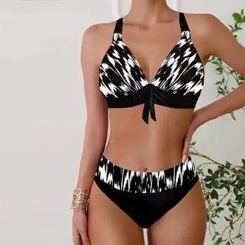 Женский купальник с бретелями, черный купальник с принтом листьев, бикини, танкини, купальник с подвесным вырезом, купальник S синий