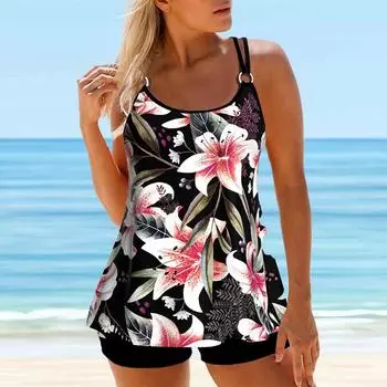 Женский купальник с бретелями Dujuanhua, бикини с принтом, купальник-танкини S чёрный