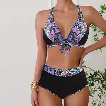 Женский купальник с бретелями, фиолетовый кружевной узор, бикини с принтом, танкини, купальник с подвесным вырезом, купальник S зелёный