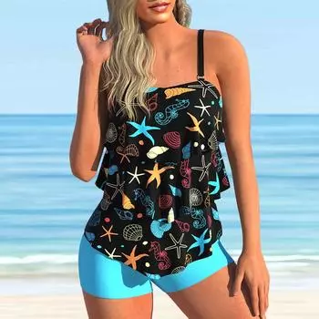 Женский купальник с бретелями, гиппокамп, принт морской звезды, бикини, купальник-танкини S чёрный