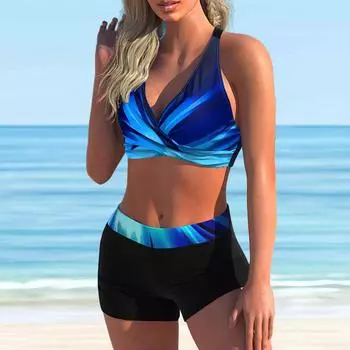 Женский купальник с бретелями Голубой с градиентным цветочным принтом Бикини Купальник-танкини S серый