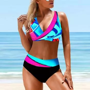 Женский купальник с бретелями Голубой с кристаллами в полоску Бикини Купальник-танкини S зелёный