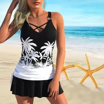 Женский купальник с бретелями и белым принтом кокосовой пальмы, бикини с коротким топом, купальник S чёрный