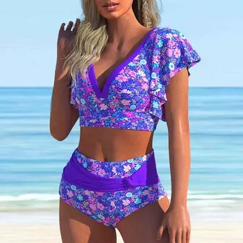 Женский купальник с бретелями и цветочным парчовым принтом, бикини с коротким топом, купальник S фиолетовый